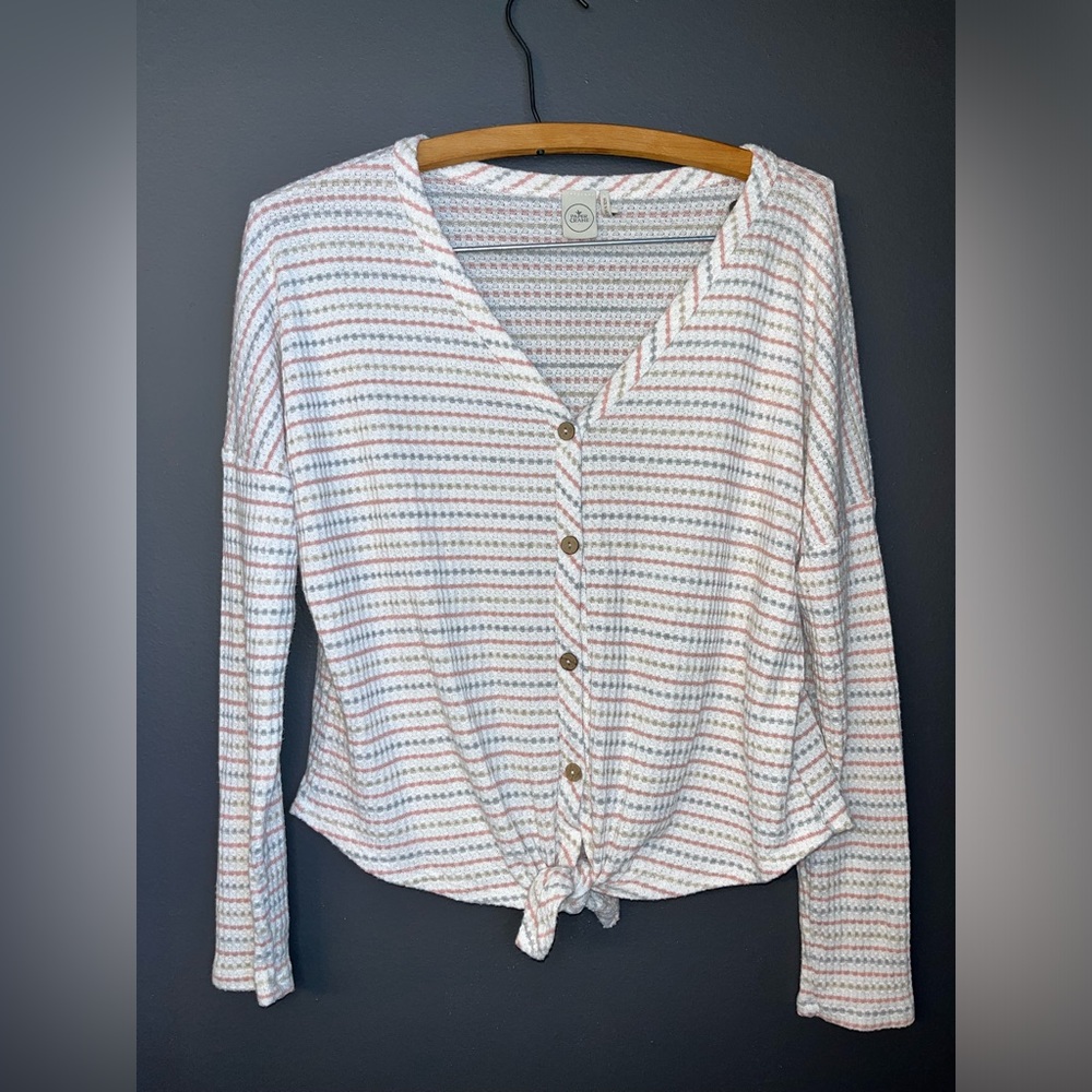Paper crane long sleeve waffle knit top striped neutral medium